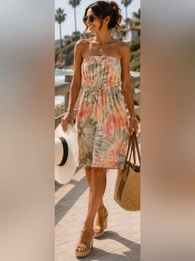 Tie-Dye Summer Drawstring Waist Sundress in Coral, Olive & Yellow